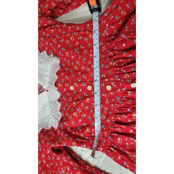 Vintage 70s Cinderella Red Floral Prairie Dress Lace Trim Size 14 Made in USA - Picture 11 of 12